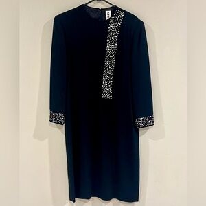 David Hayes Vtg Black Sheath 100% wool dress w rhinestone accents Sz 12